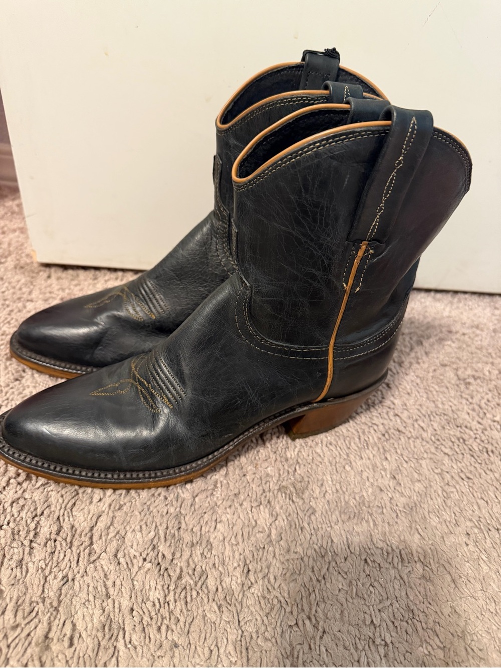 Lucchese Black Leather Cowboy Boots with Tan Accents - Picture 4 of 9